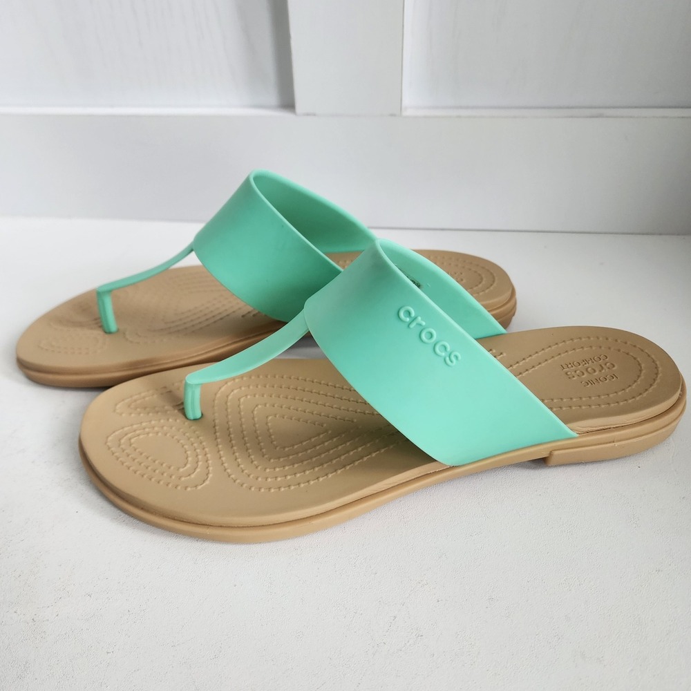 Crocs Serena Flip Sandals Womens 10 Mint Green Tan Thong Flat Comfort 205468